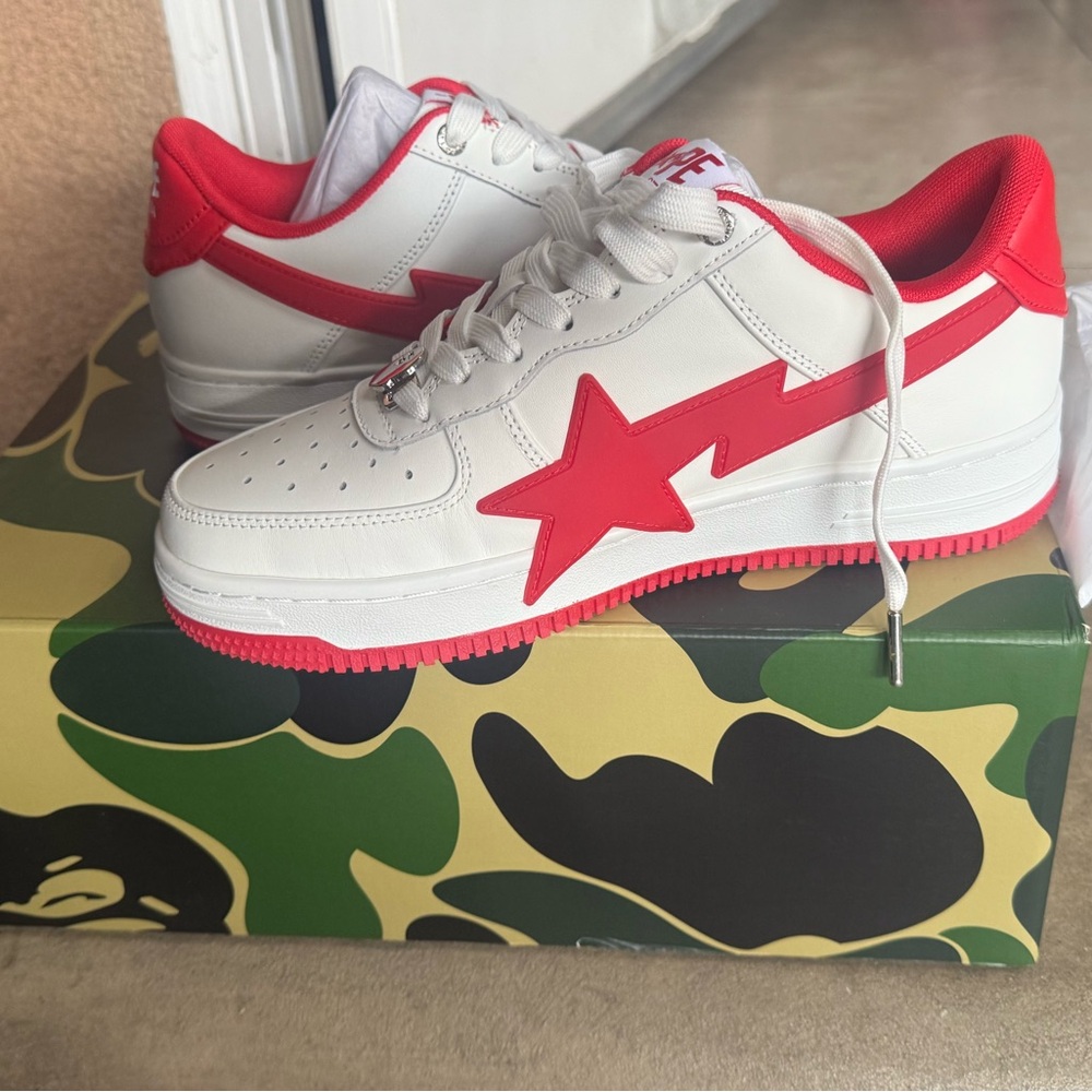 Bape White and Red Sneakers with Star Logo